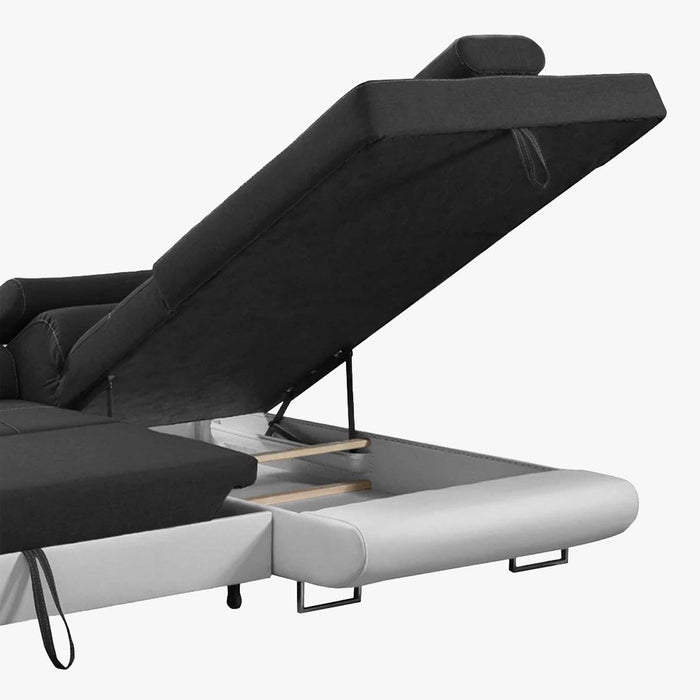 AUBIN Canapé d'angle convertible noir et blanc coffre de rangement - Angle Droit