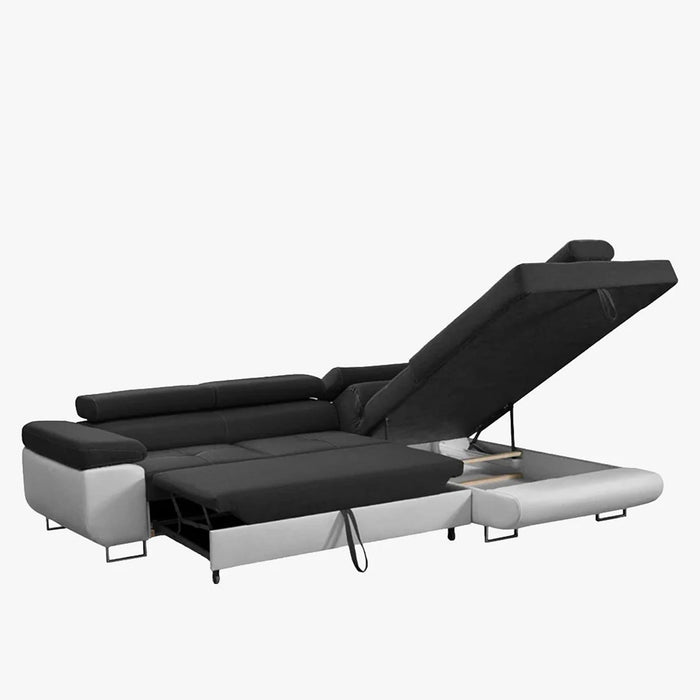 AUBIN Canapé d'angle convertible noir et blanc coffre de rangement - Angle Droit