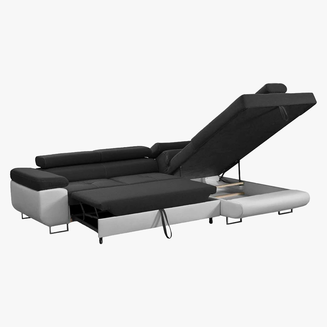 AUBIN Canapé d'angle convertible noir et blanc coffre de rangement - Angle Droit - Canapé d'angle convertible - Mobilier Deco