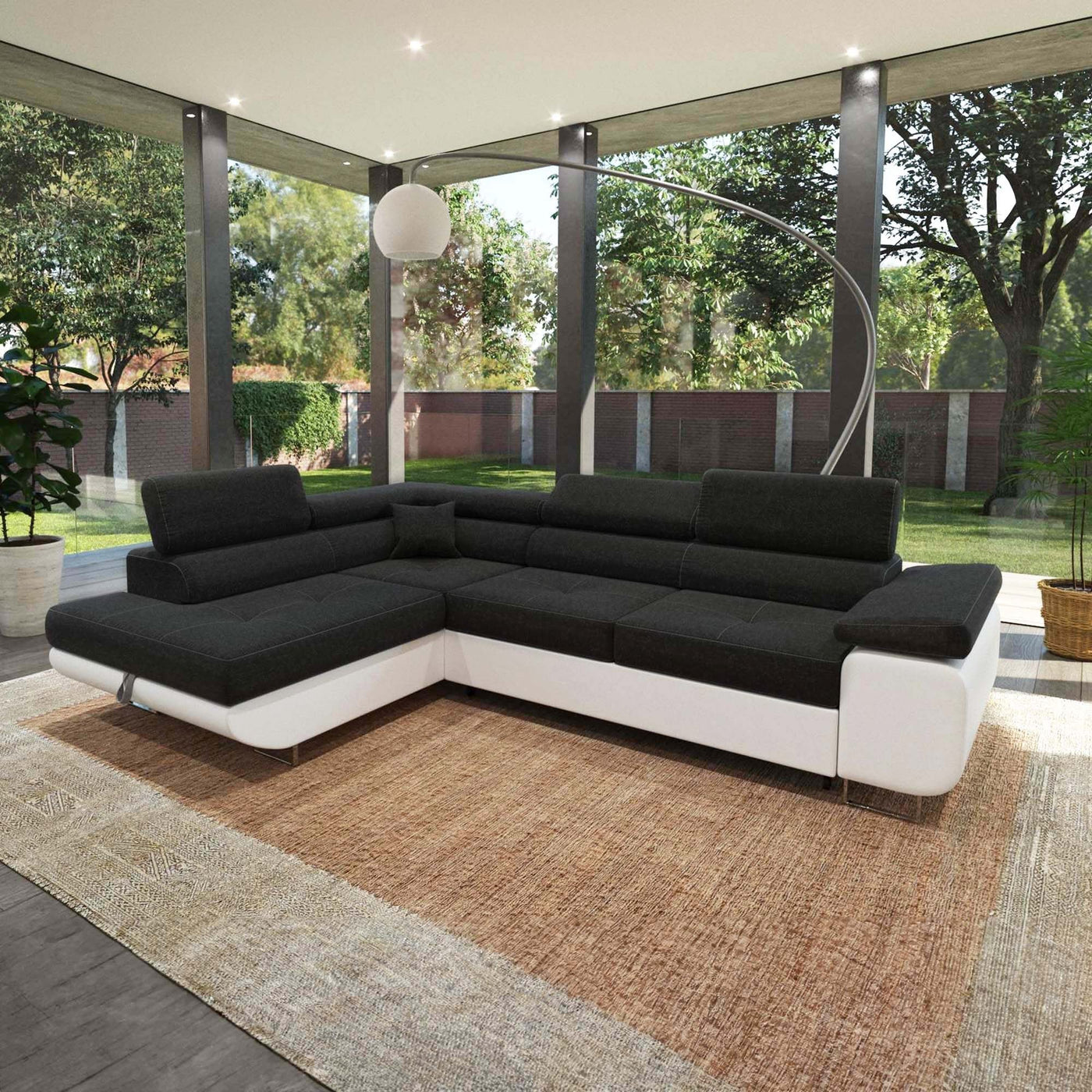 AUBIN Canapé d'angle convertible noir et blanc coffre de rangement - Angle Gauche - Canapé d'angle convertible - Mobilier Deco