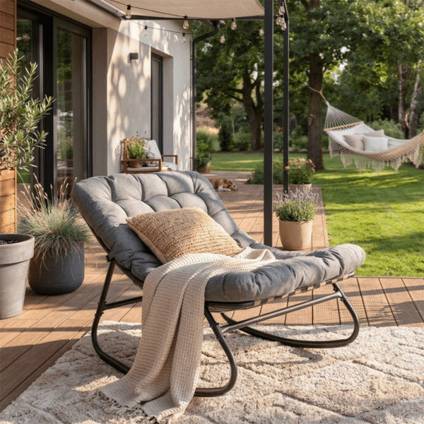 AURORA Fauteuil à bascule en tissu gris pieds en métal noir