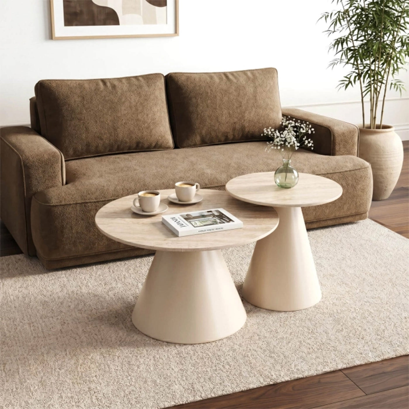 AVILA Lot de 2 tables couleur travertin pieds beige - Table basse - Mobilier Deco