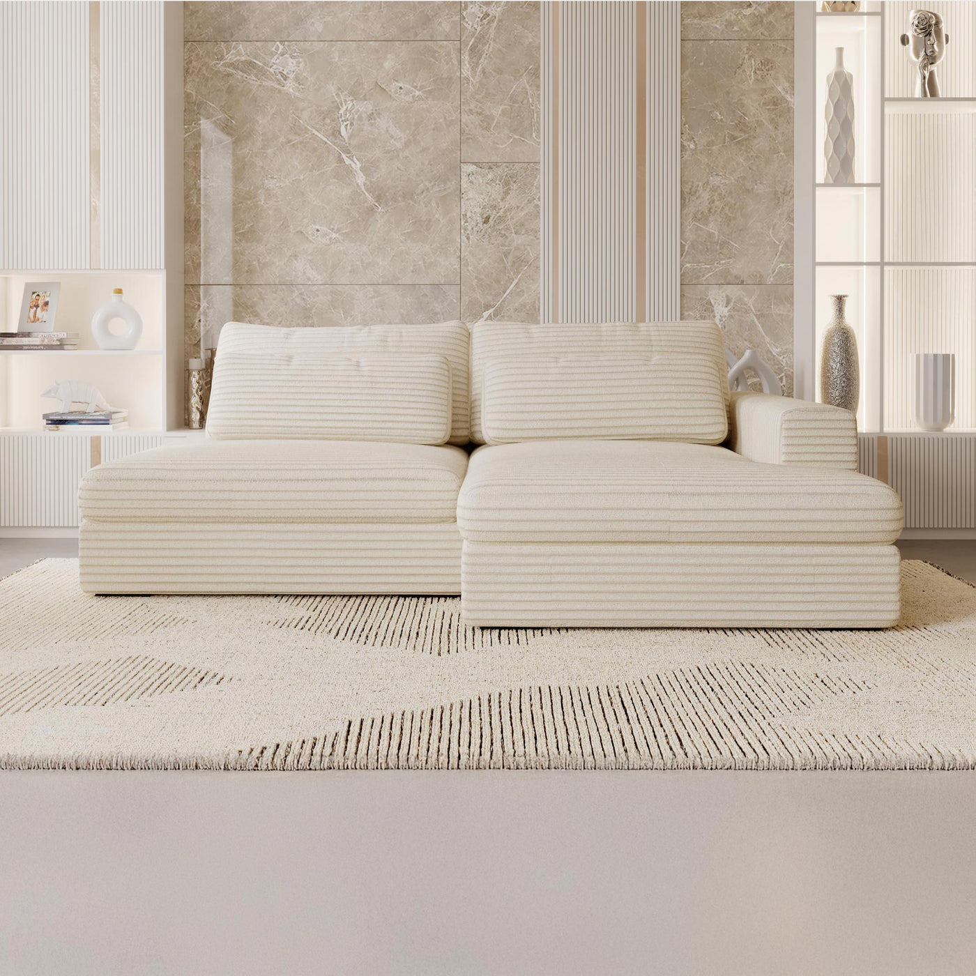 AYDA Canapé d'angle convertible avec coffre en velours gros côtelé beige - Angle droit