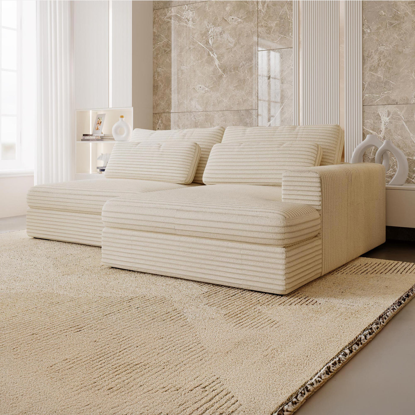 AYDA Canapé d'angle convertible avec coffre en velours gros côtelé beige - Angle droit