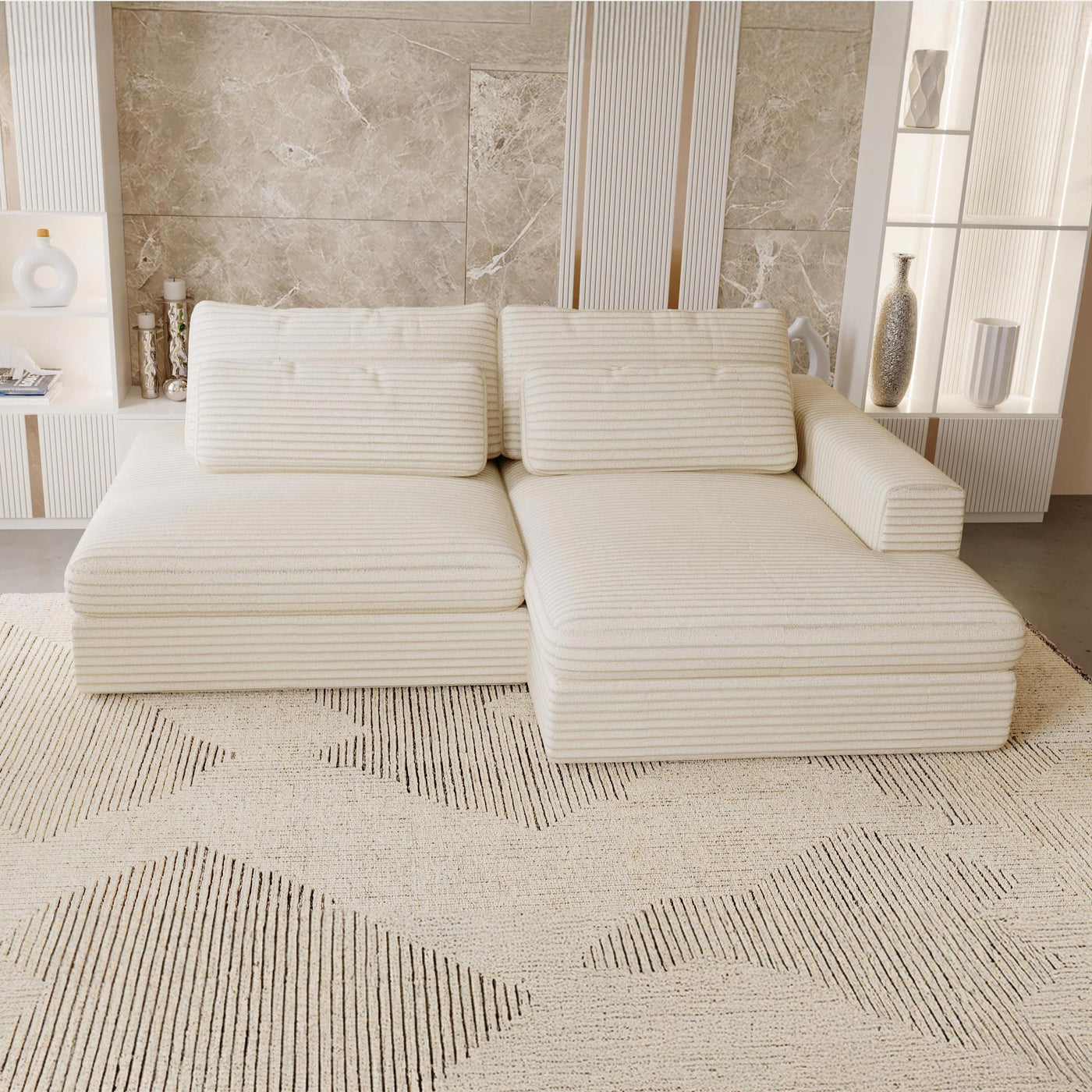 AYDA Canapé d'angle convertible avec coffre en velours gros côtelé beige - Angle droit