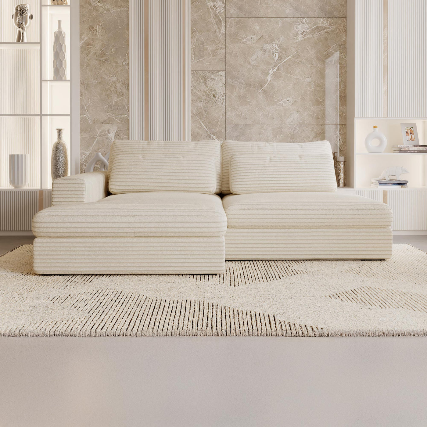 AYDA Canapé d'angle convertible avec coffre en velours gros côtelé beige - Angle gauche