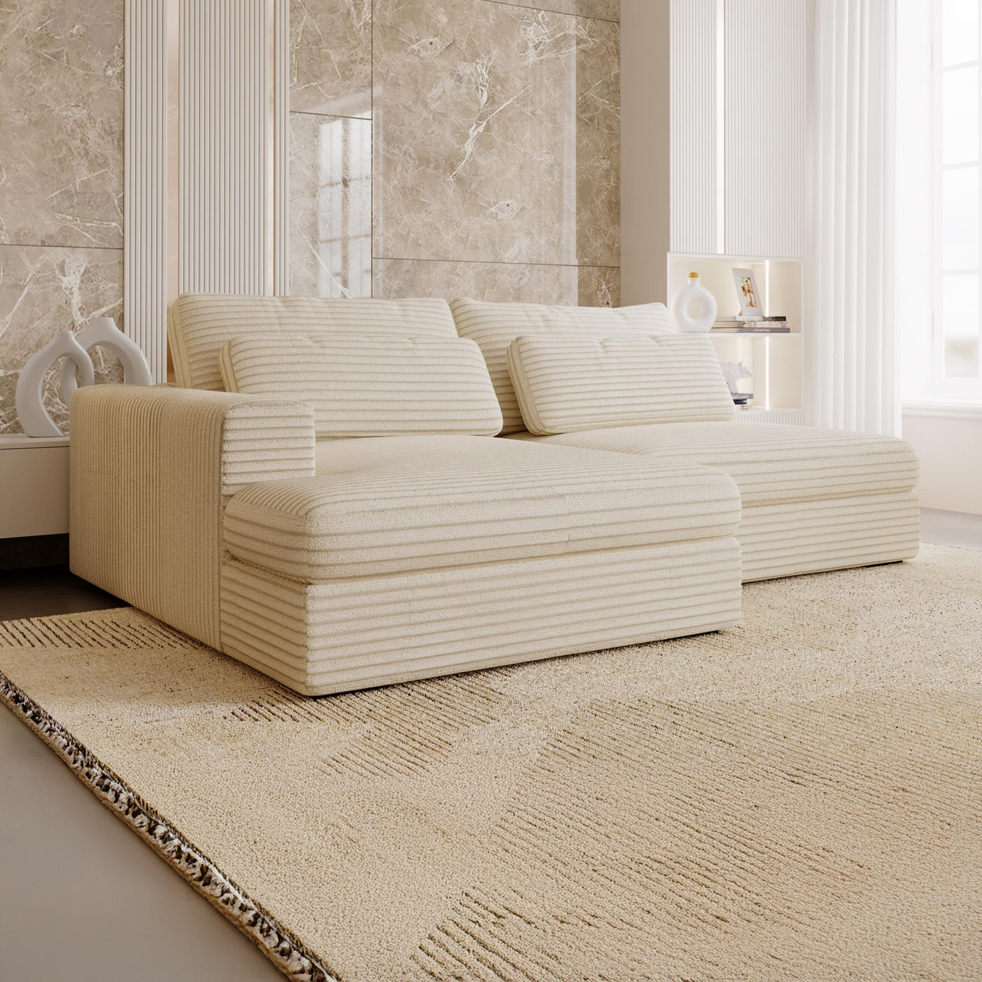 AYDA Canapé d'angle convertible avec coffre en velours gros côtelé beige - Angle gauche