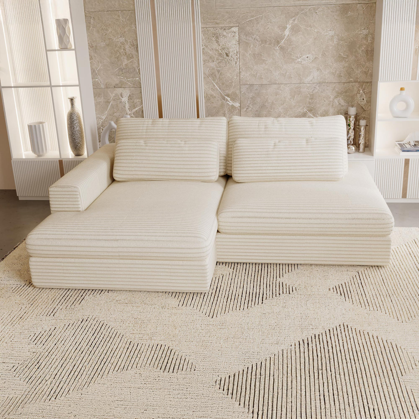 AYDA Canapé d'angle convertible avec coffre en velours gros côtelé beige - Angle gauche