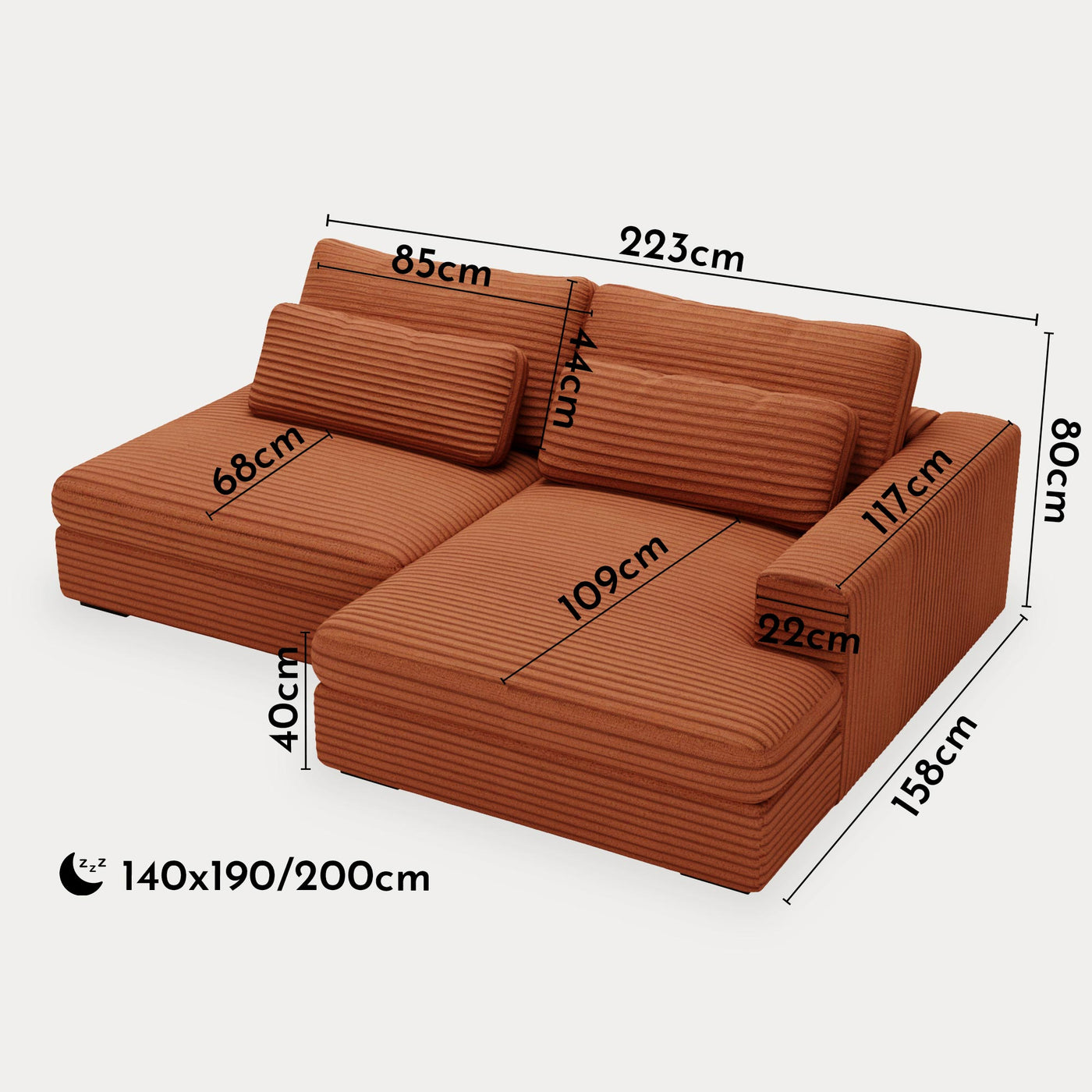 AYDA Canapé d'angle convertible avec coffre en velours gros côtelé terracotta- Angle droit