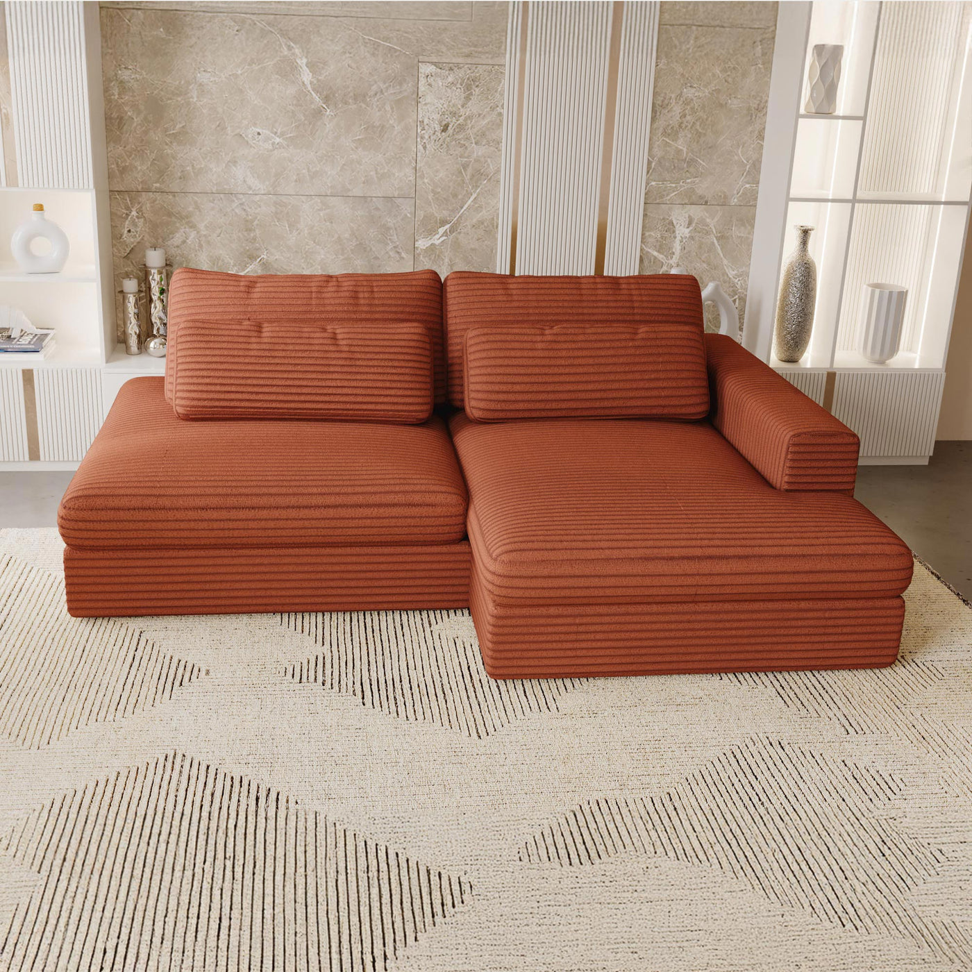 AYDA Canapé d'angle convertible avec coffre en velours gros côtelé terracotta- Angle droit