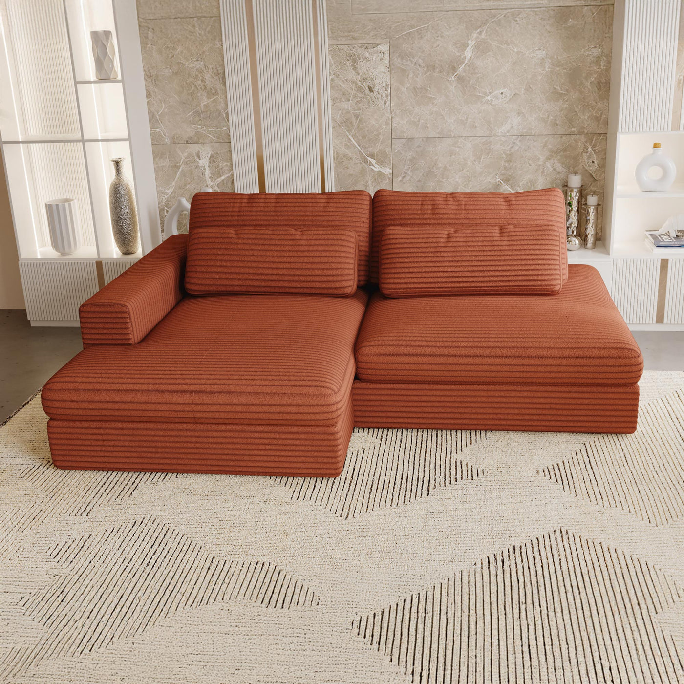 AYDA Canapé d'angle convertible avec coffre en velours gros côtelé terracotta- Angle gauche