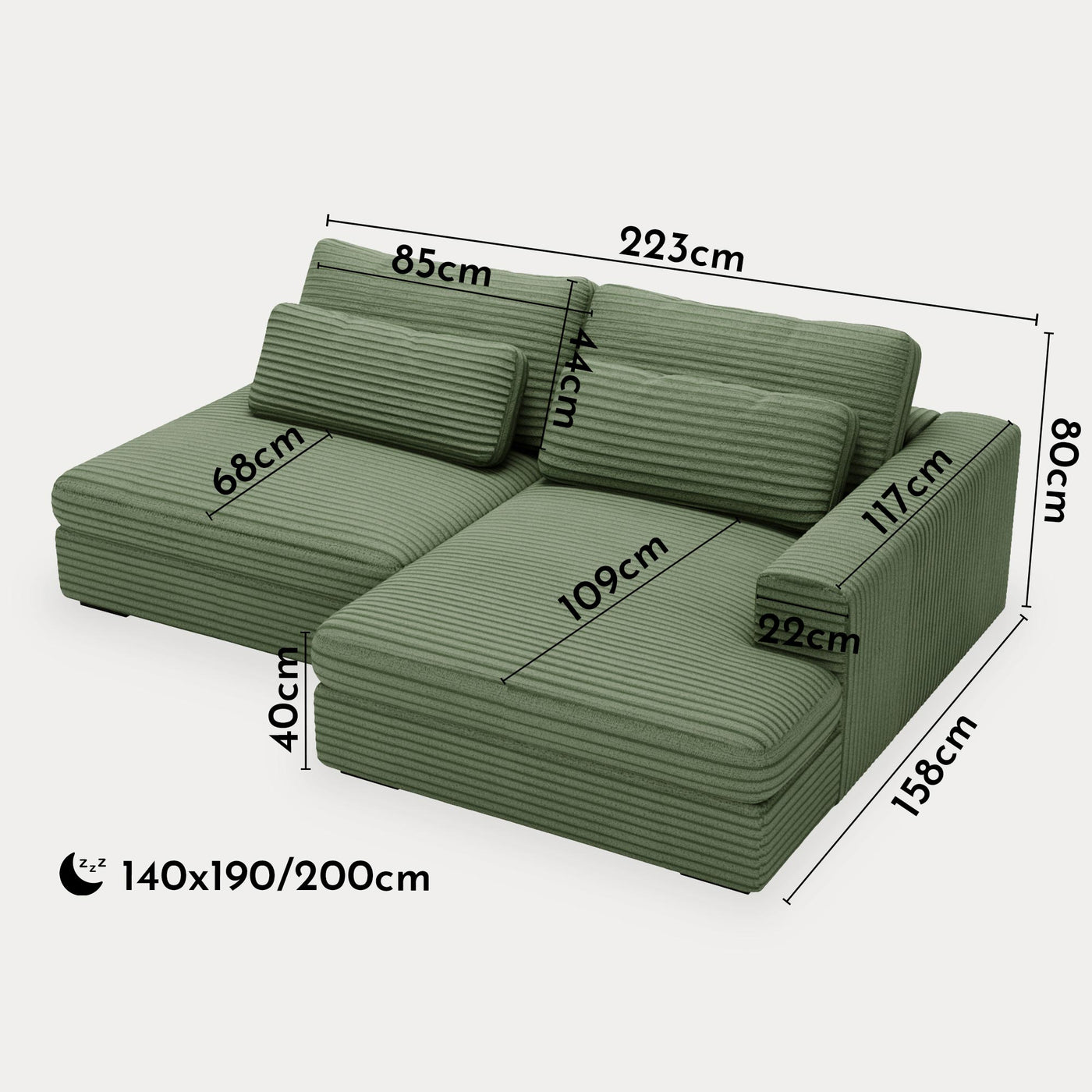 AYDA Canapé d'angle convertible avec coffre en velours gros côtelé vert - Angle droit
