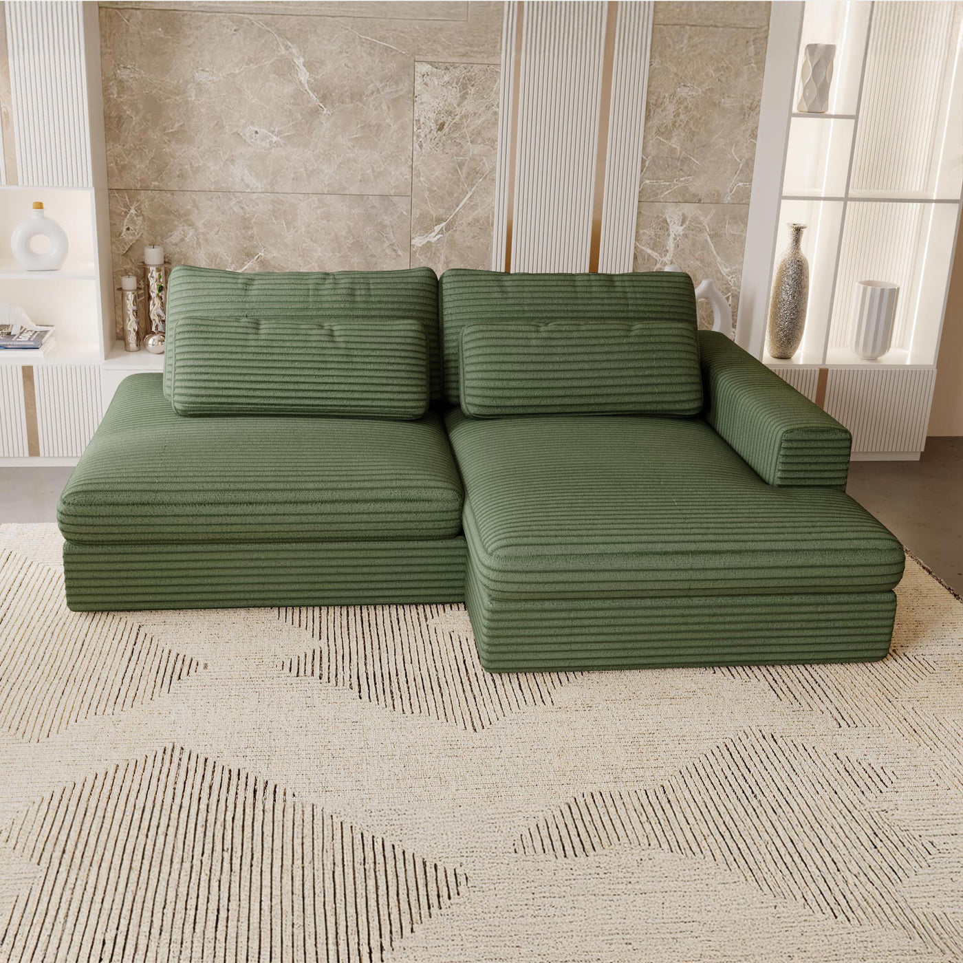 AYDA Canapé d'angle convertible avec coffre en velours gros côtelé vert - Angle droit