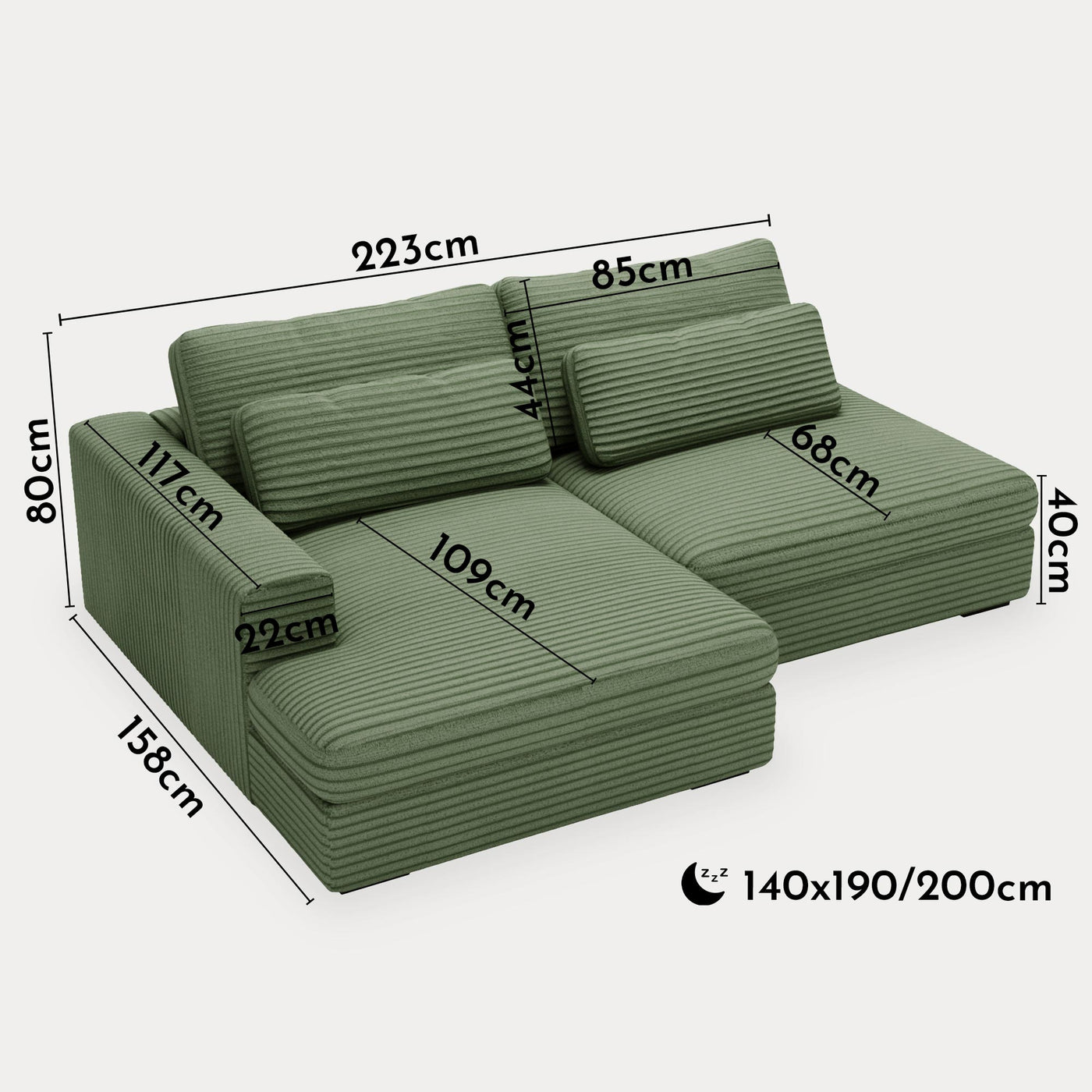 AYDA Canapé d'angle convertible avec coffre en velours gros côtelé vert - Angle gauche