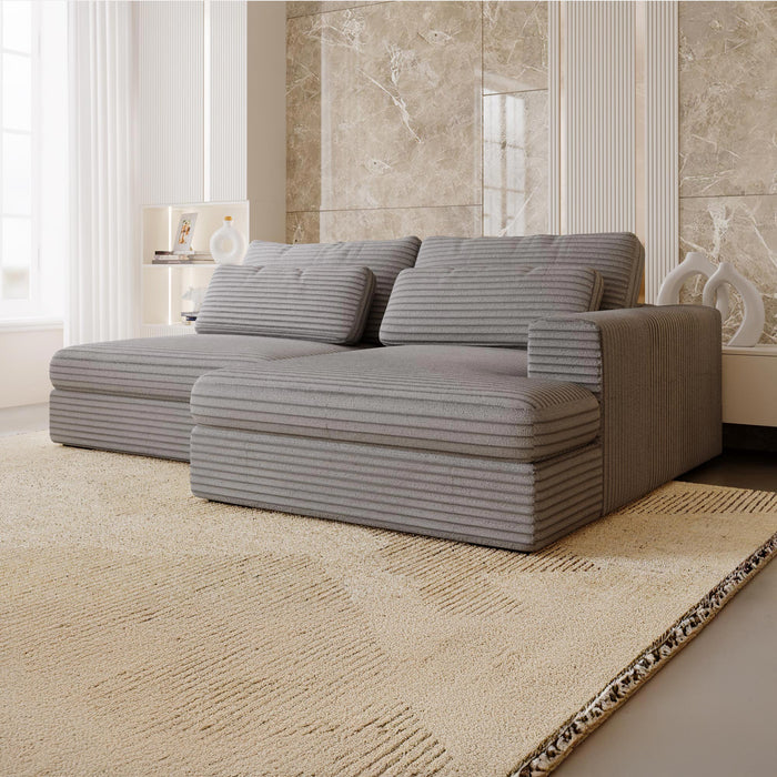 AYDA Canapé d'angle convertible avec coffre en velours gros côtelé gris clair - Angle droit