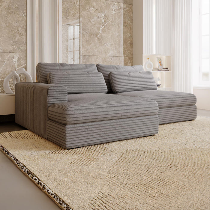 AYDA Canapé d'angle convertible avec coffre en velours gros côtelé gris clair - Angle gauche
