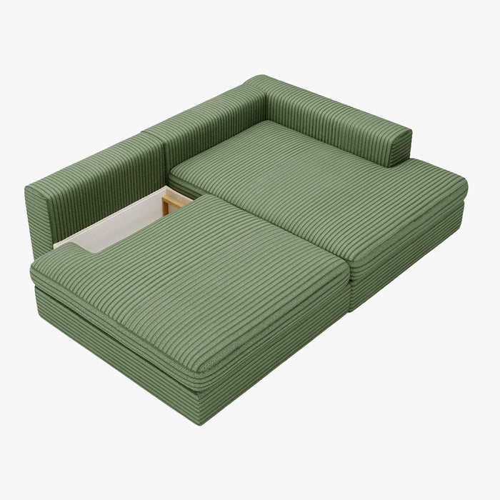 AYDA Canapé d'angle convertible avec coffre en velours gros côtelé vert - Angle droit