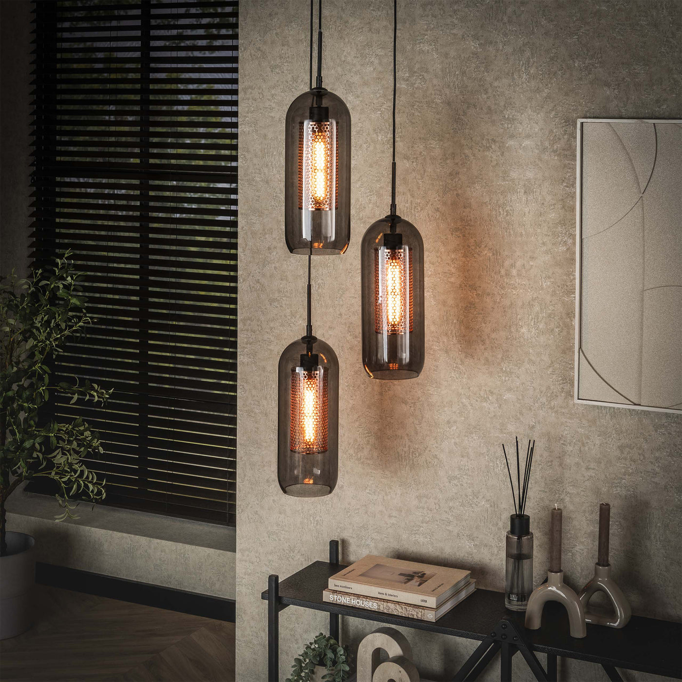 AYLI Suspension 3 lampes ajustables en verre et métal noir 35x180 cm