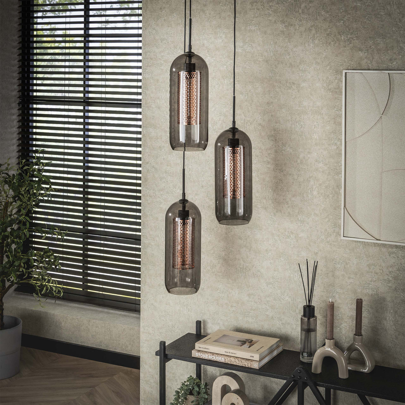 AYLI Suspension 3 lampes ajustables en verre et métal noir 35x180 cm