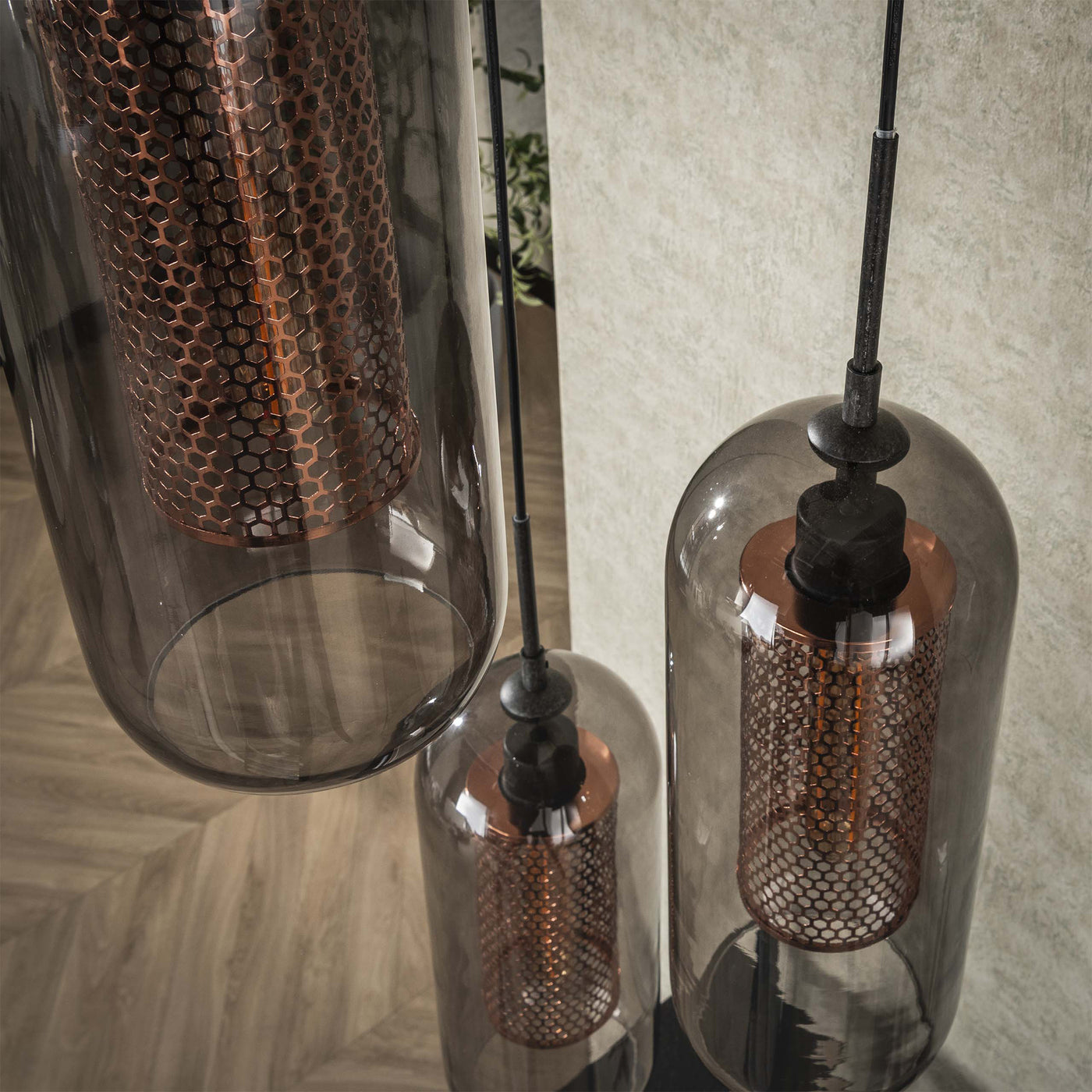 AYLI Suspension 3 lampes ajustables en verre et métal noir 35x180 cm