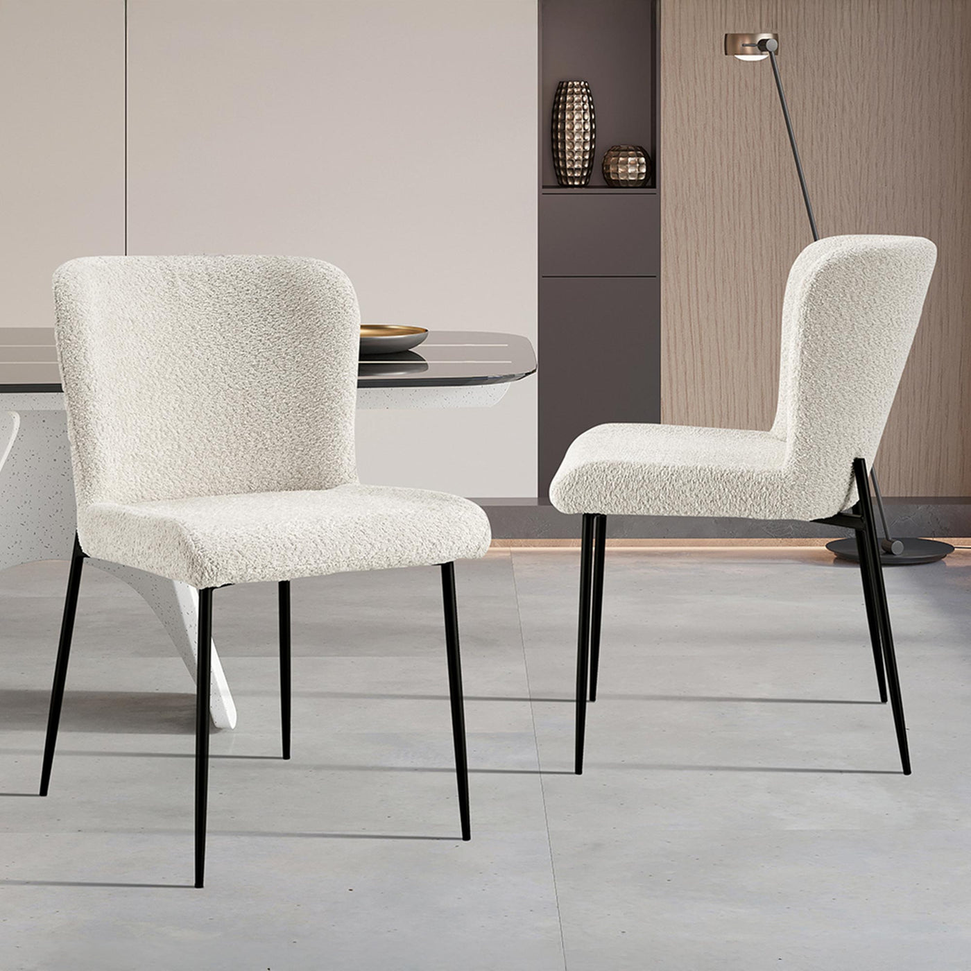 AZEL Lot de 2 chaises tissu bouclette blanc écru piètement métal noir
