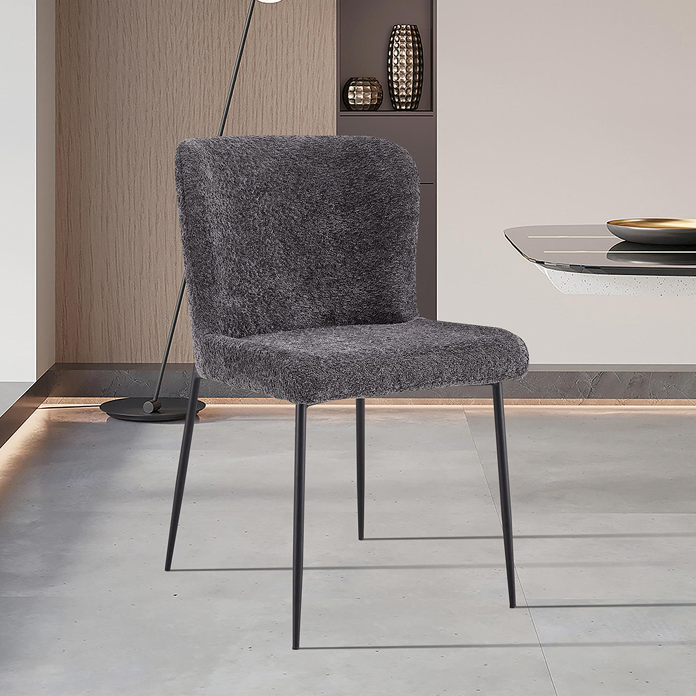 AZEL Lot de 2 chaises tissu bouclette gris anthracite piètement métal noir - Chaise de repas - Mobilier Deco