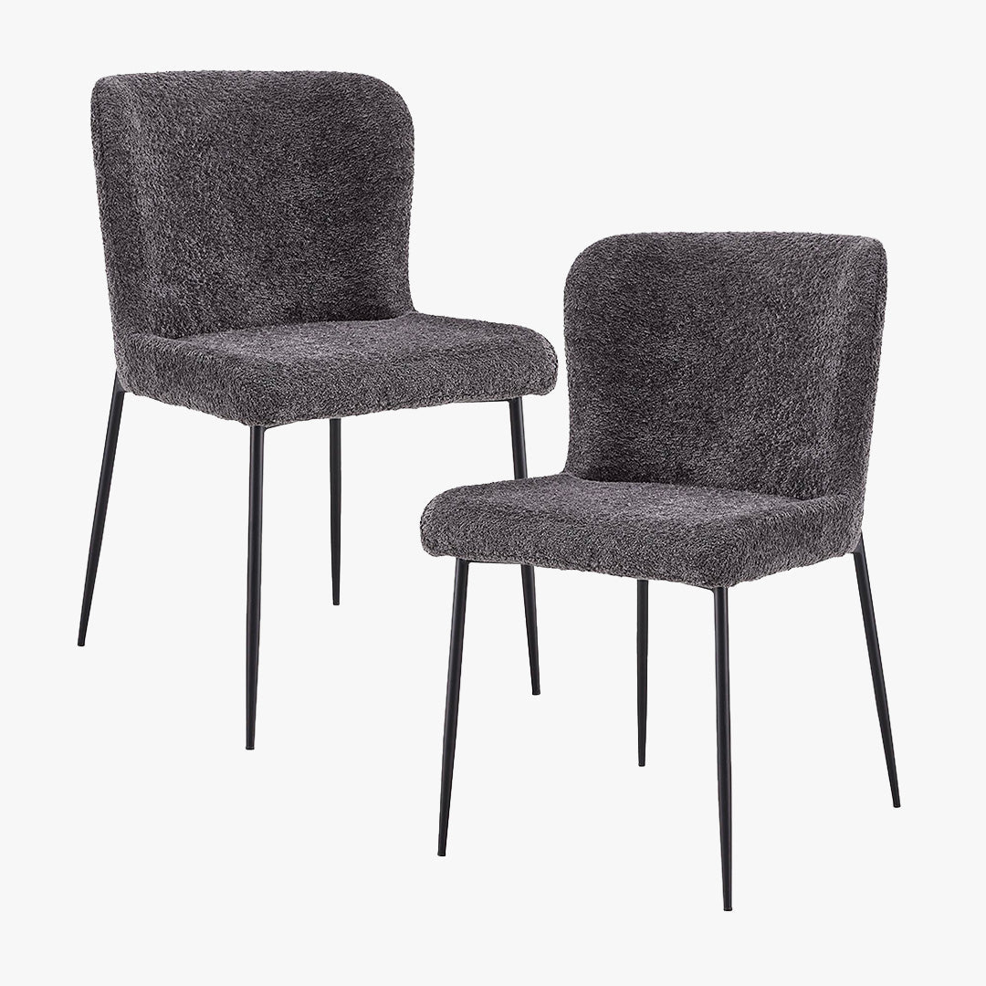 AZEL Lot de 2 chaises tissu bouclette gris anthracite piètement métal noir - Chaise de repas - Mobilier Deco
