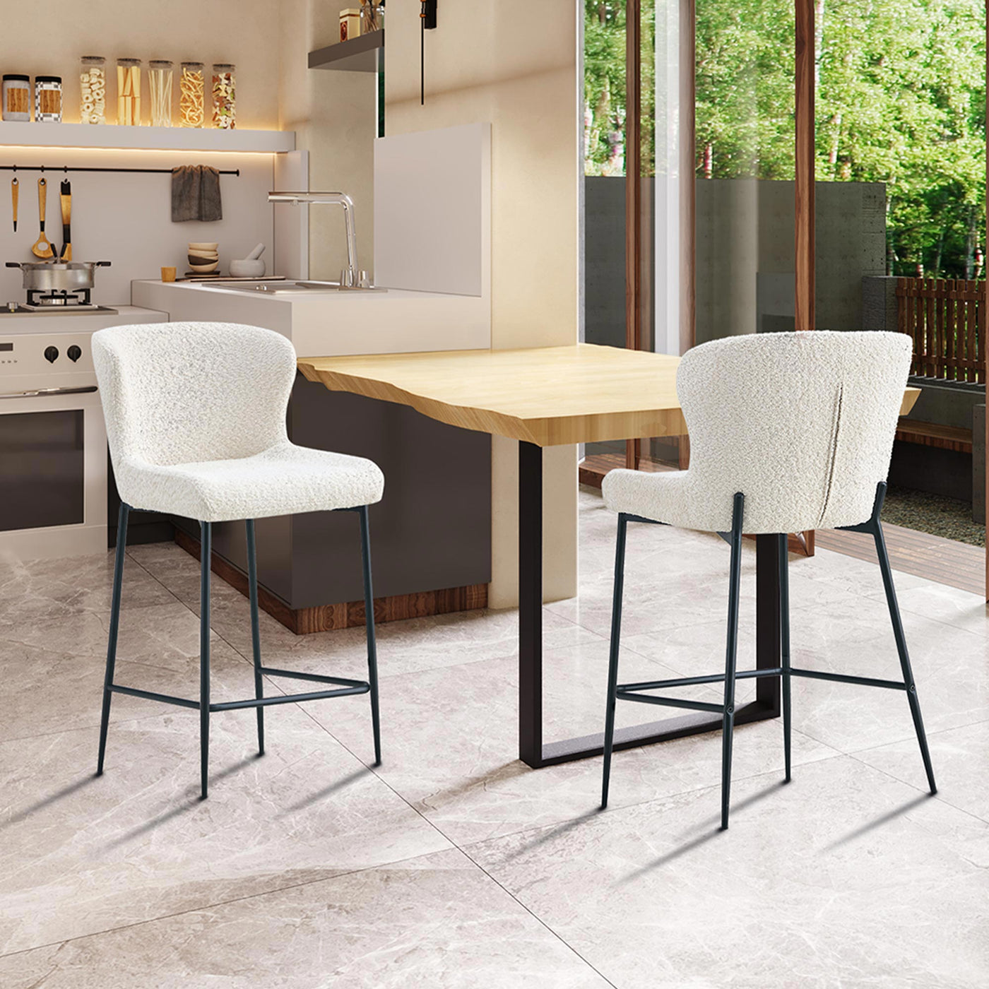 AZEL Lot de 2 tabourets tissu bouclette blanc écru piètement métal noir