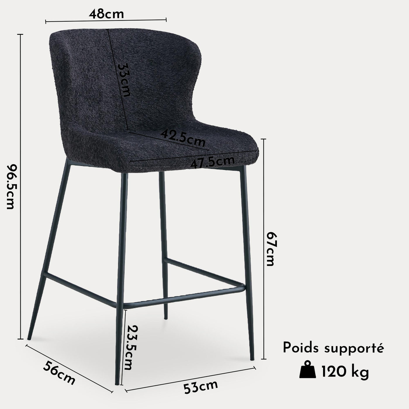 AZEL Lot de 2 tabourets tissu bouclette gris anthracite piètement métal noir