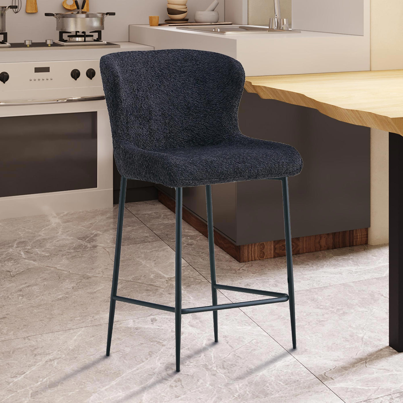 AZEL Lot de 2 tabourets tissu bouclette gris anthracite piètement métal noir