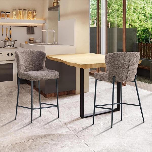 AZEL Lot de 2 tabourets tissu bouclette taupe piètement métal noir