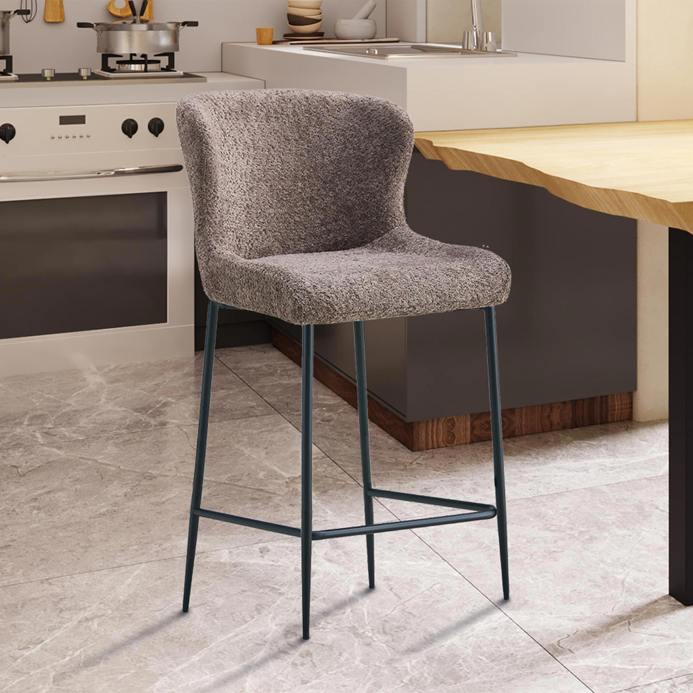 AZEL Lot de 2 tabourets tissu bouclette taupe piètement métal noir
