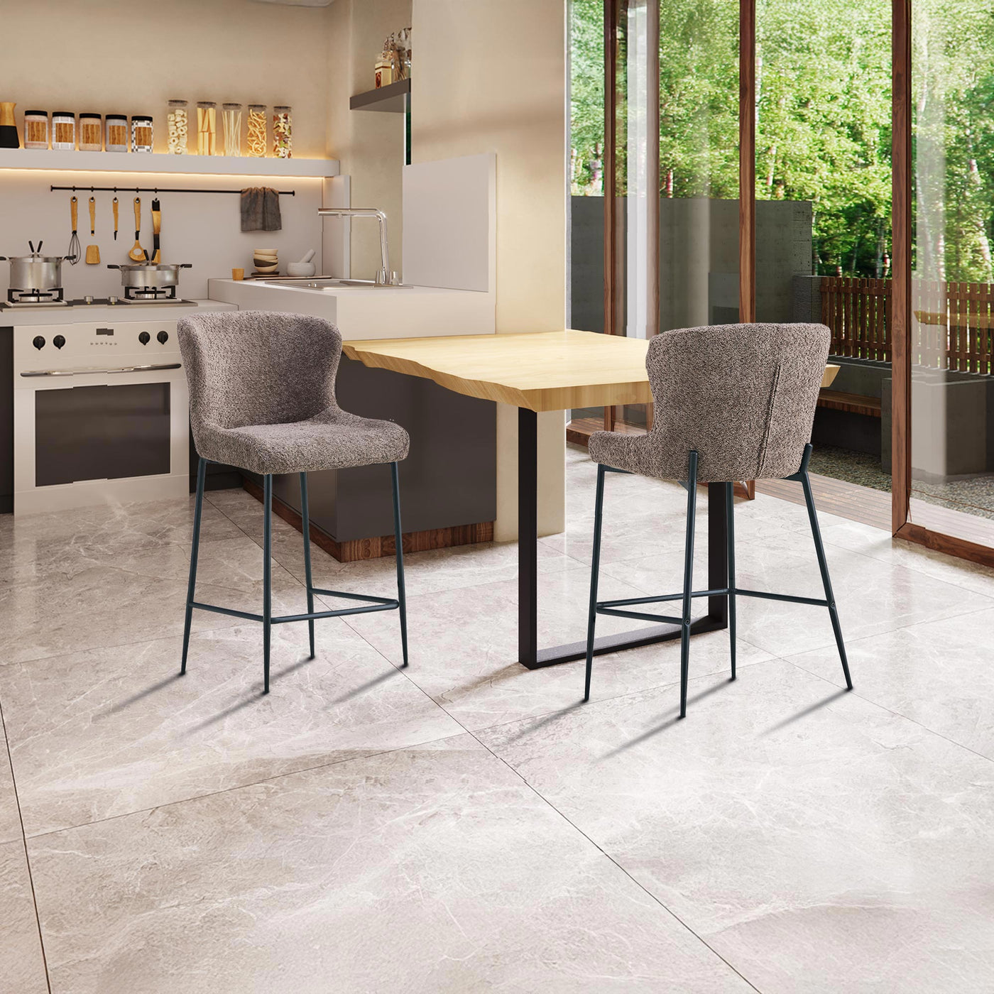 AZEL Lot de 2 tabourets tissu bouclette taupe piètement métal noir