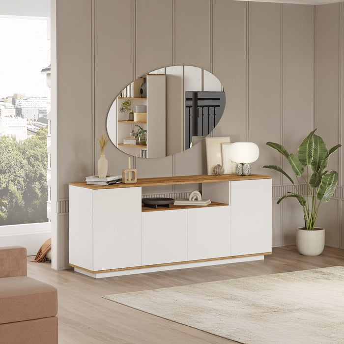 AZELIA Buffet 4 portes 1 niche couleur bois et blanc