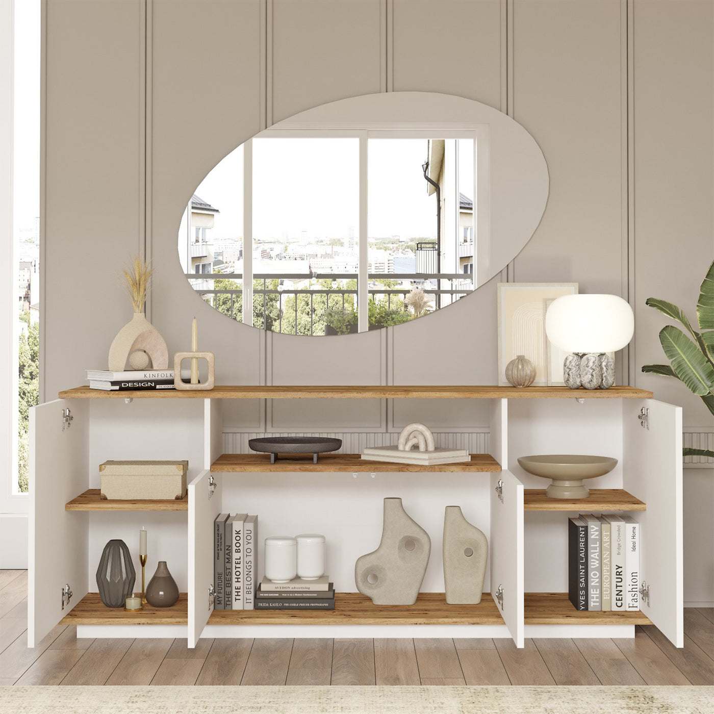 AZELIA Buffet 4 portes 1 niche couleur bois et blanc