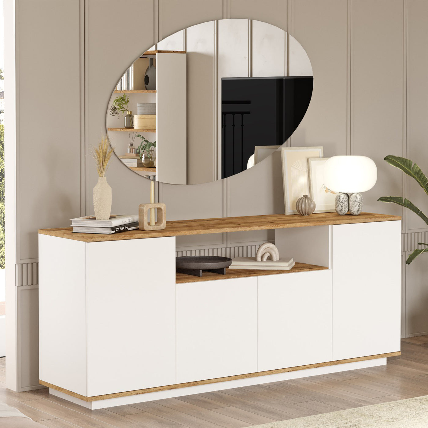 AZELIA Buffet 4 portes 1 niche couleur bois et blanc