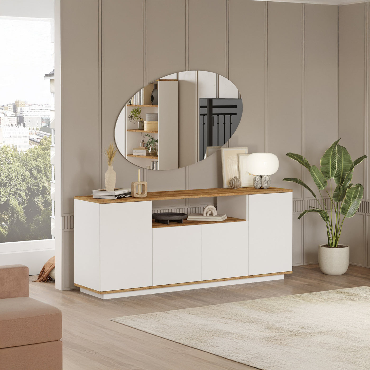 AZELIA Buffet 4 portes 1 niche couleur bois et blanc