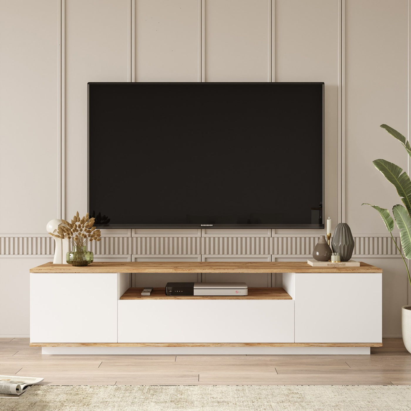 AZELIA Meuble TV 3 portes 1 niche couleur bois et blanc