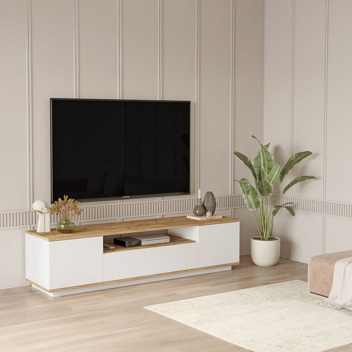 AZELIA Meuble TV 3 portes 1 niche couleur bois et blanc