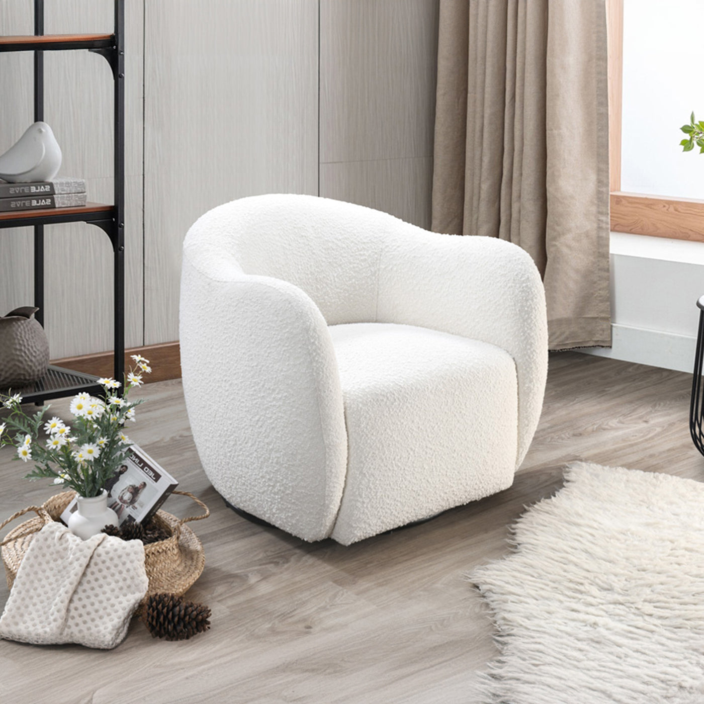 BARCY Fauteuil cabriolet pivotant effet peau de mouton blanc