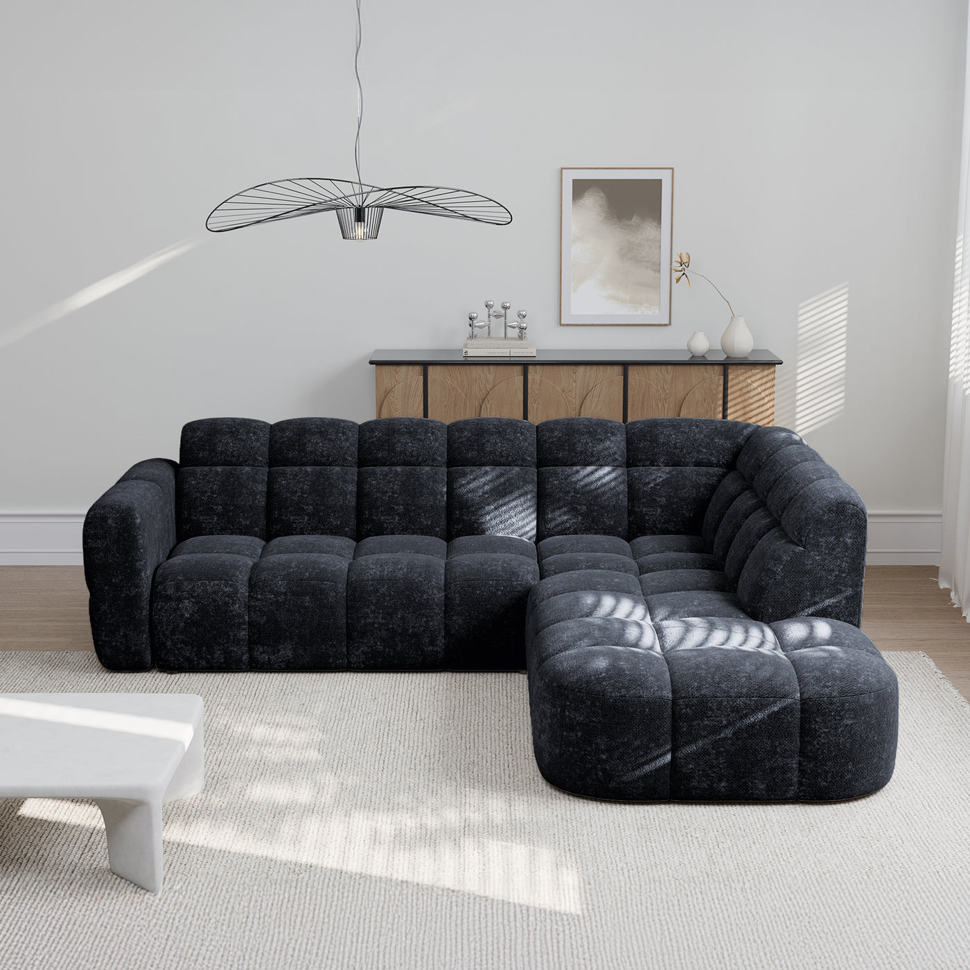 BELIZ Canapé d'angle en tissu noir - Angle droit