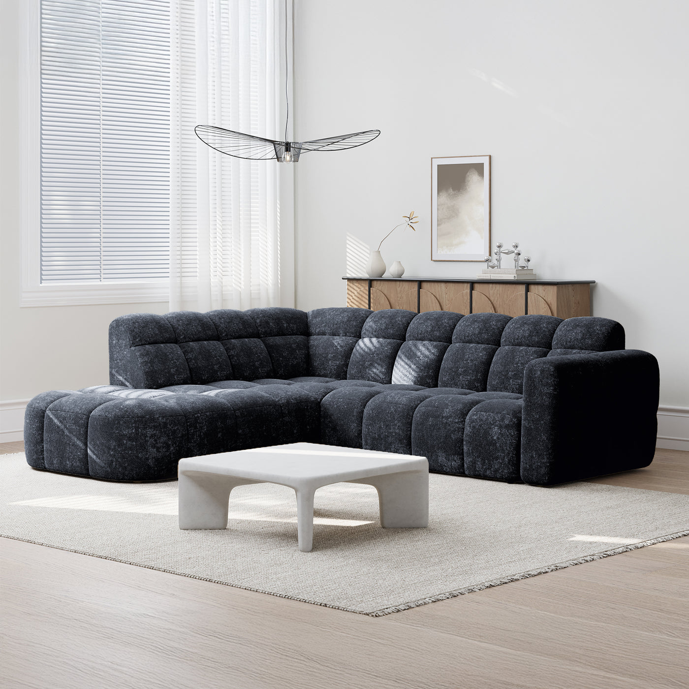BELIZ Canapé d'angle en tissu noir - Angle gauche
