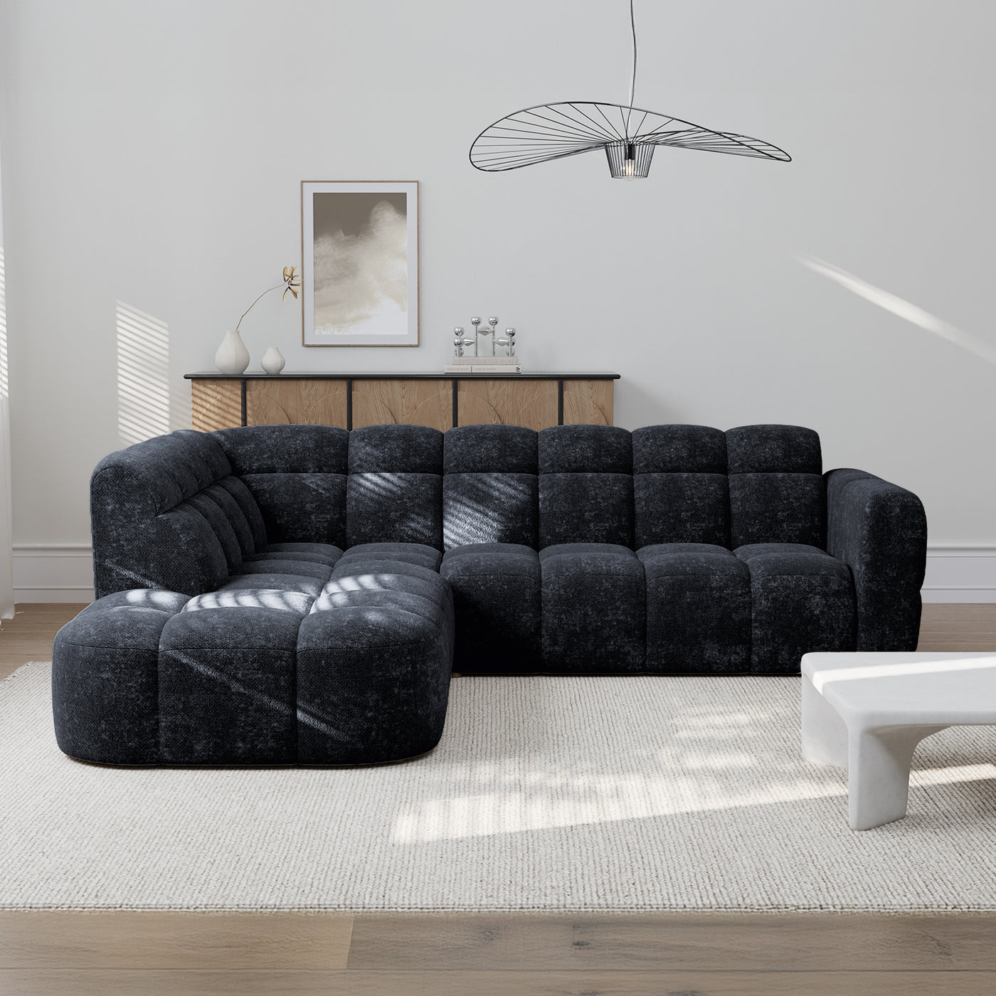 BELIZ Canapé d'angle en tissu noir - Angle gauche