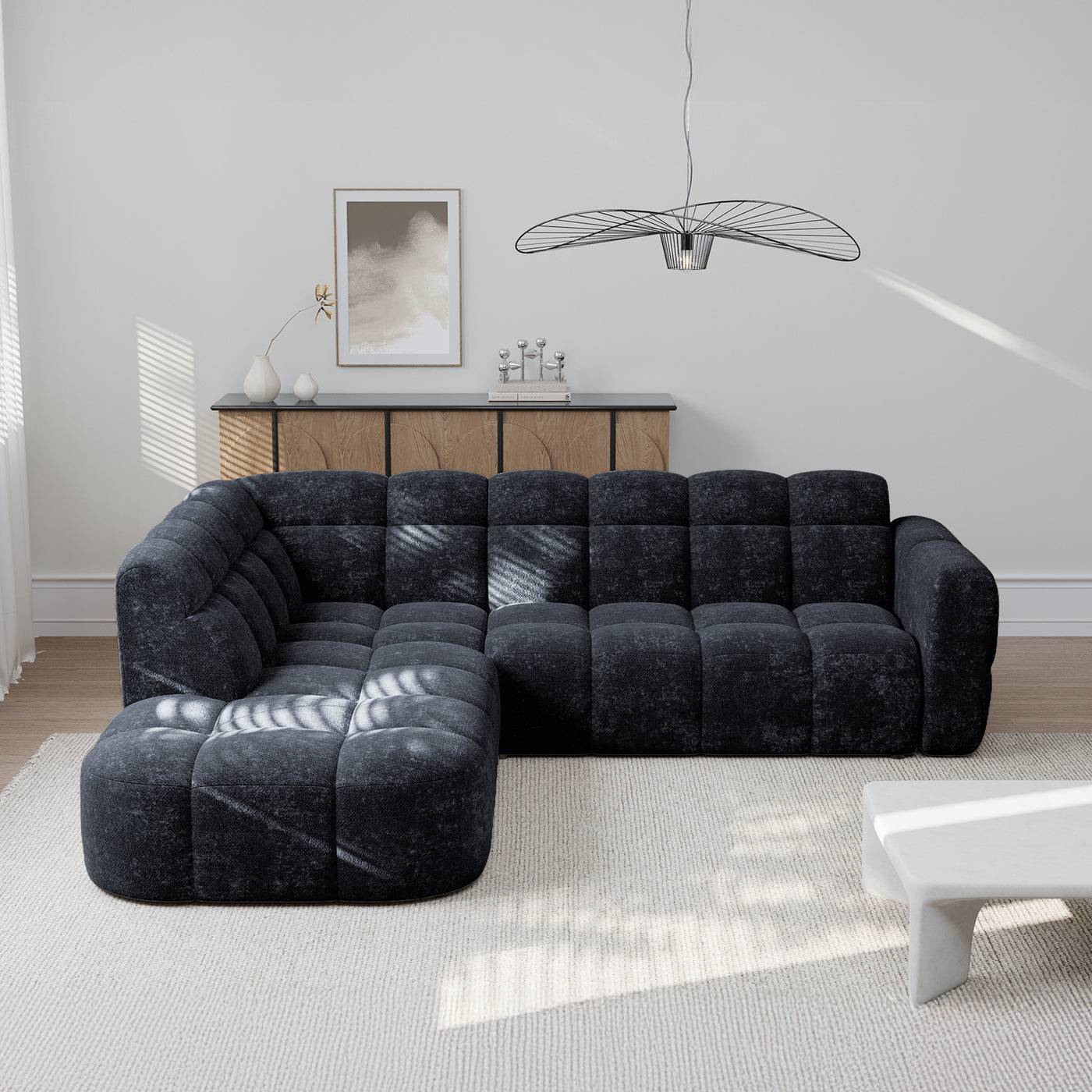 BELIZ Canapé d'angle en tissu noir - Angle gauche