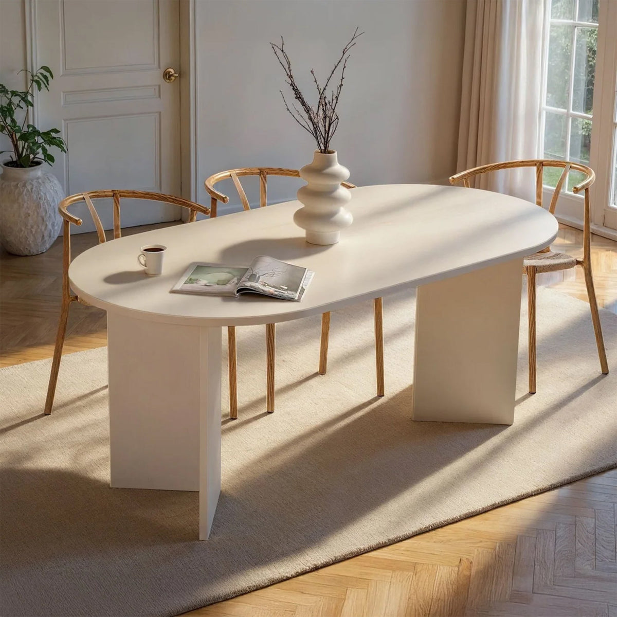 BELORA Table à manger ovale couleur bois blanc 180 cm - Table à manger - Mobilier Deco