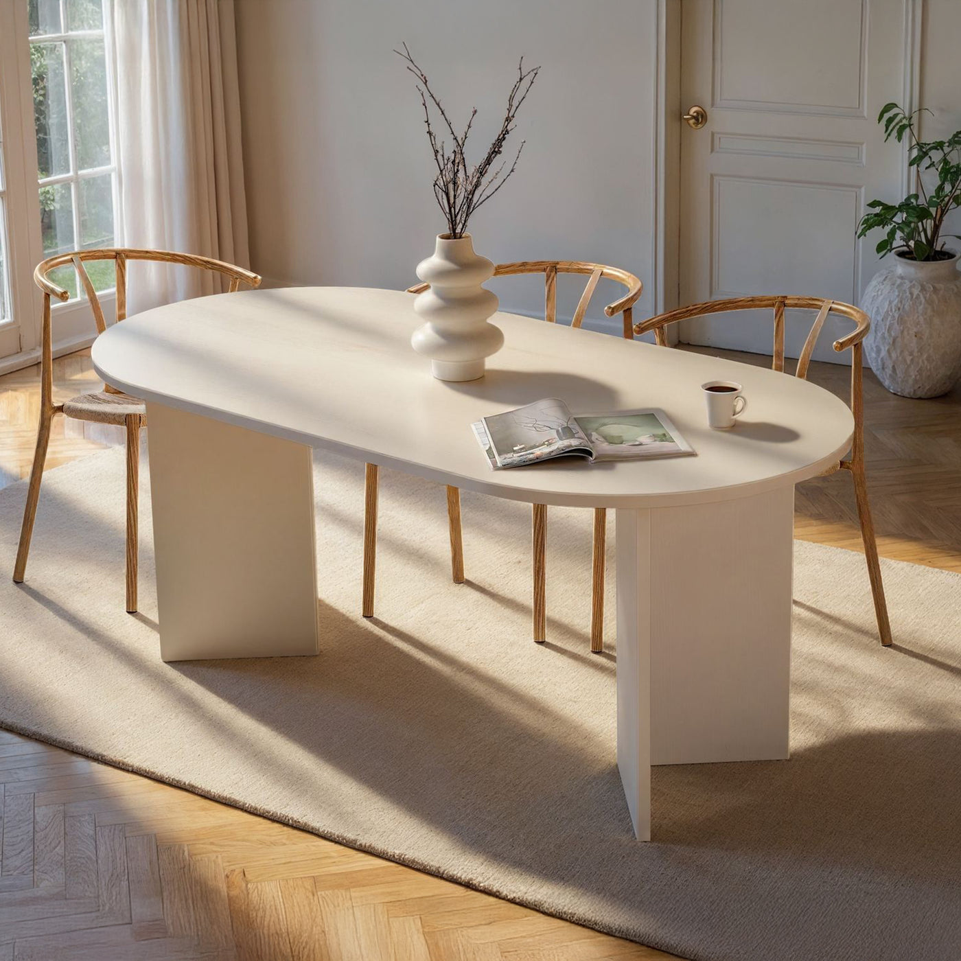 BELORA Table à manger ovale couleur bois blanc 180 cm