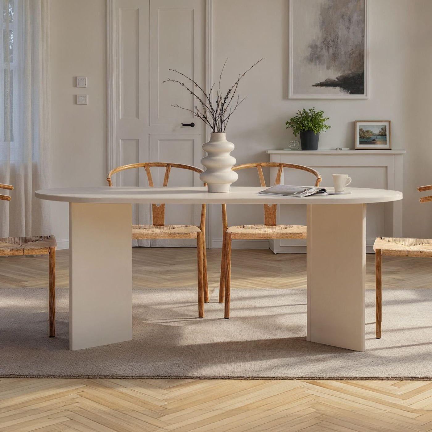 BELORA Table à manger ovale couleur bois blanc 180 cm