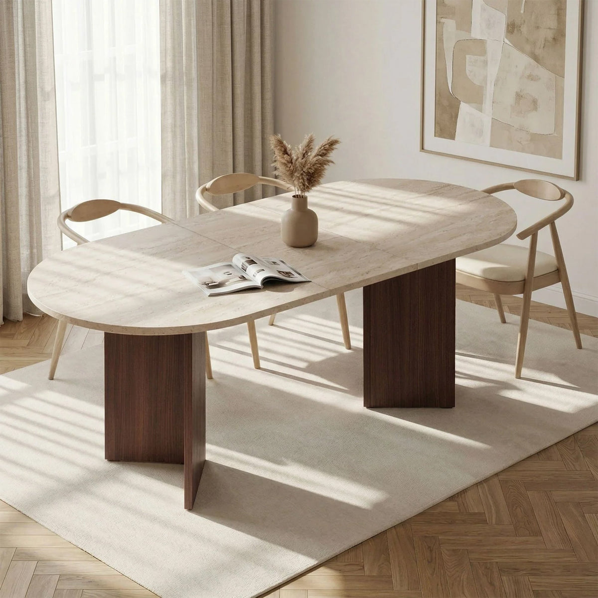 BELORA XL Table à manger extensible ovale couleur beige et bois foncé 160-200 cm - Mobilier Deco