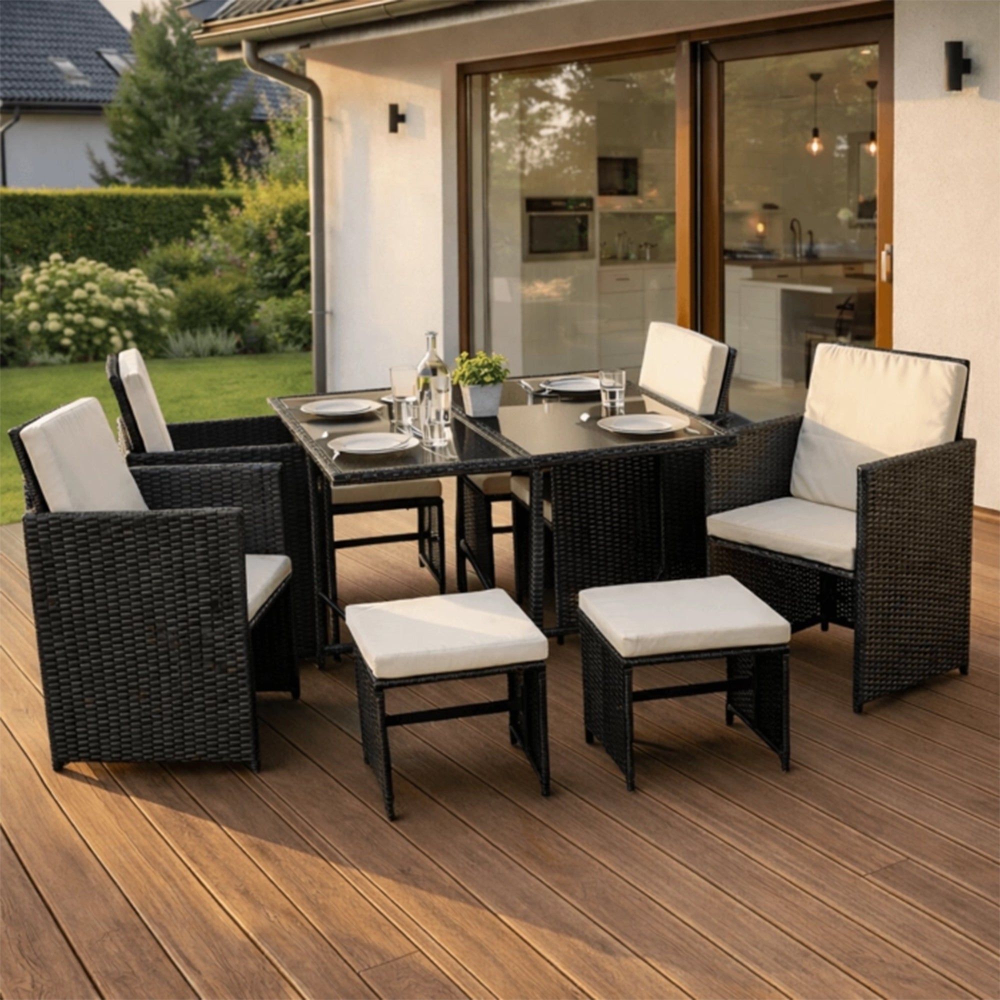 BONITO Ensemble de mobilier de jardin 8 places avec table en verre trempé noir - Mobilier de jardin - Mobilier Deco
