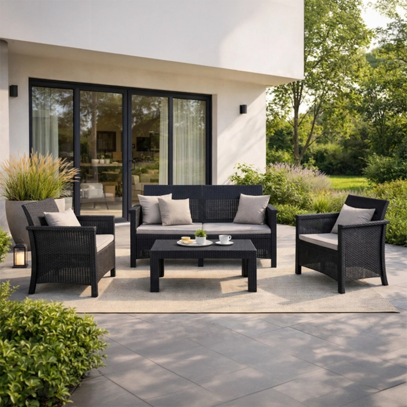 BRENTA Ensemble de mobilier de jardin 4 places avec table noir